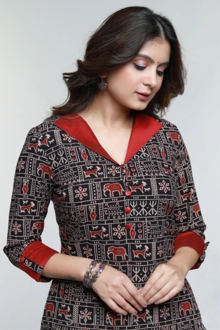 AJRAKH COTTON KURTA WITH STYLISH COLLAR-PANT OPTIONAL