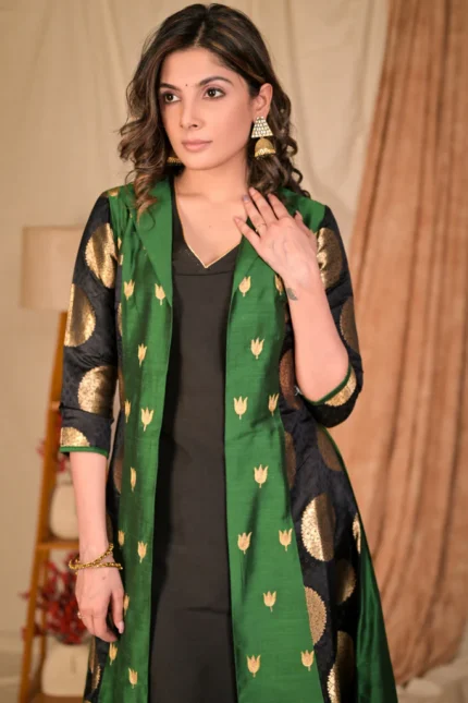 BEAUTIFUL BOTTLE GREEN AND BLACK COTTON SILK BROCADE JACKET AND BLACK COTTON SILK KURTA SET - PANT OPTIONAL