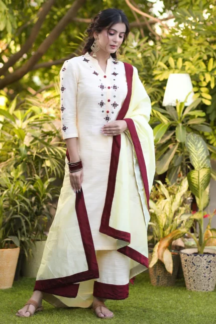 BEAUTIFUL PURE COTTON HAND EMBROIDERED MIRROR WORK KURTA WITH KHUN BORDER AND PANT SET - DUPATTA OPTIONAL