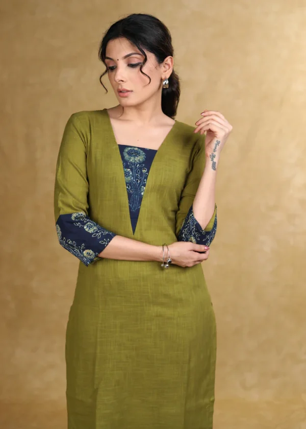 CLASSY MOSS GREEN COTTON KURTA WITH BLUE FLORAL COMBINATION