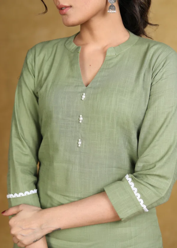 CLASSY OLIVE GREEN COTTON STRAIGHT CUT KURTA WITH WHITE LACES