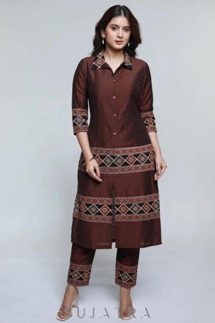 COFFEE BROWN AJRAKH COMBINATION COTTON SILK KURTA-PANT OPTIONAL