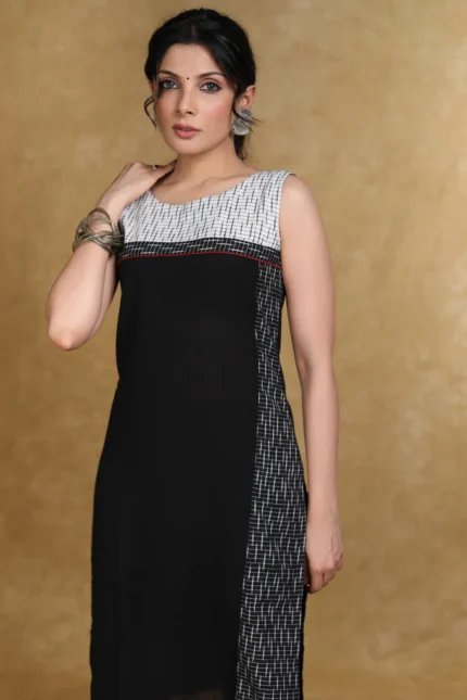 ELEGANT BLACK COTTON AND IKAT COMBINATION KURTI