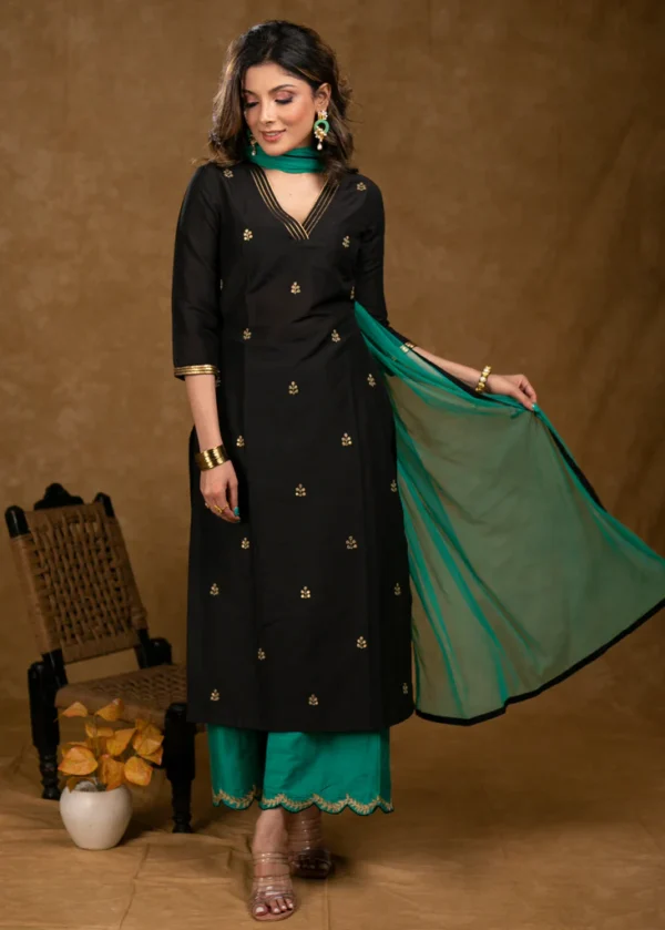 ELEGANT BLACK COTTON SILK KURTA WITH OVERALL HAND EMBROIDERY AND GREEN PALAZZO SET - DUPATTA OPTIONAL