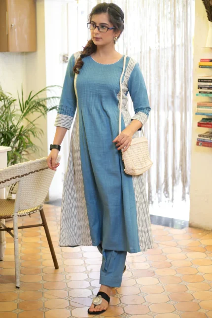 EXCLUSIVE COTTON POWDER BLUE KURTA WITH IKAT COMBINATION AND CLASSY PAINTING ON SLEEVES - PANT OPTIONAL