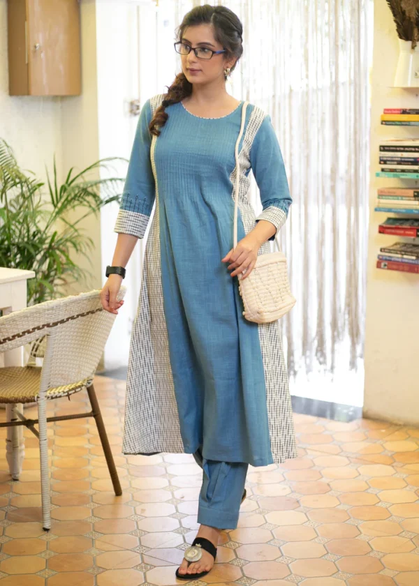 EXCLUSIVE COTTON POWDER BLUE KURTA WITH IKAT COMBINATION AND CLASSY PAINTING ON SLEEVES - PANT OPTIONAL