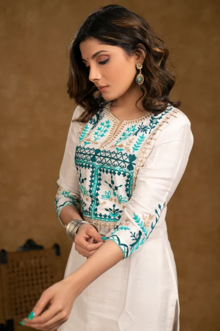 GRACEFUL OFF-WHITE COTTON SILK KURTA & PANT SET WITH INTRICATELY EMBROIDERED YOKE