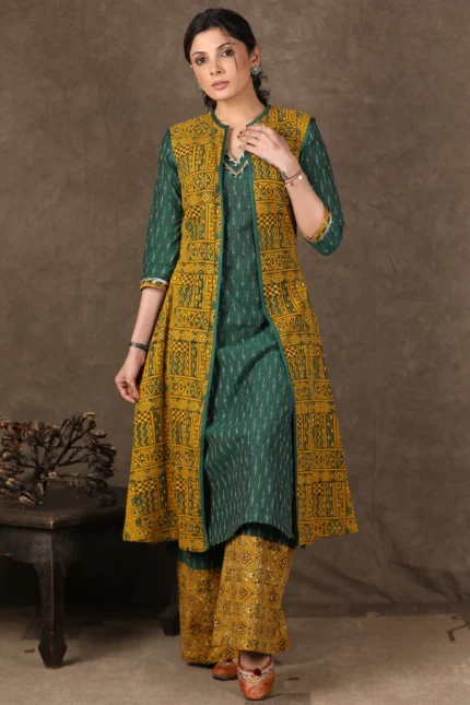 GREEN IKAT KURTA WITH GOTA PATTI WORK, MATCHING PALAZZO WITH STONE WORK & LONG AJRAKH SHRUG- 3 PIECE