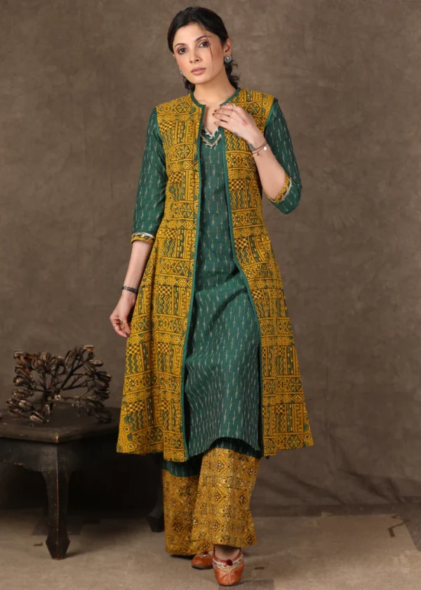 GREEN IKAT KURTA WITH GOTA PATTI WORK, MATCHING PALAZZO WITH STONE WORK & LONG AJRAKH SHRUG- 3 PIECE