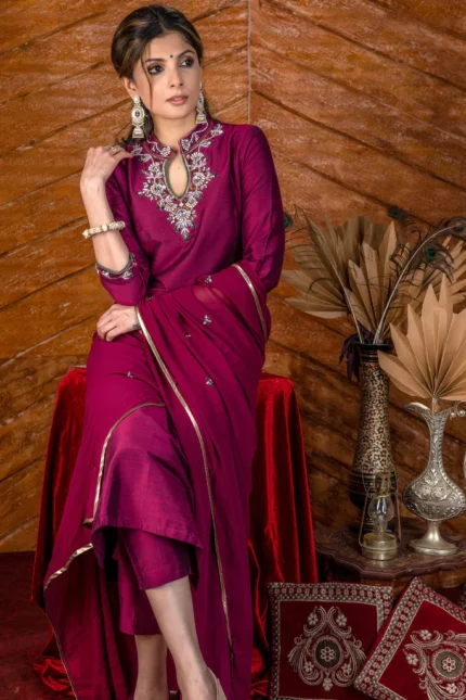 MAGENTA COTTON SILK KURTA WITH STONE WORK ON YOKE WITH MATCHING PANTS - DUPATTA OPTIONAL.