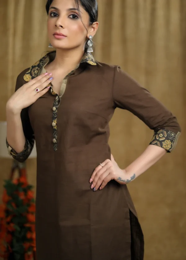 SUMMER WEAR BROWN COTTON SHORT KURTA & PANT CO-ORD SET WITH AJRAKH DETALING - PANT OPTIONAL